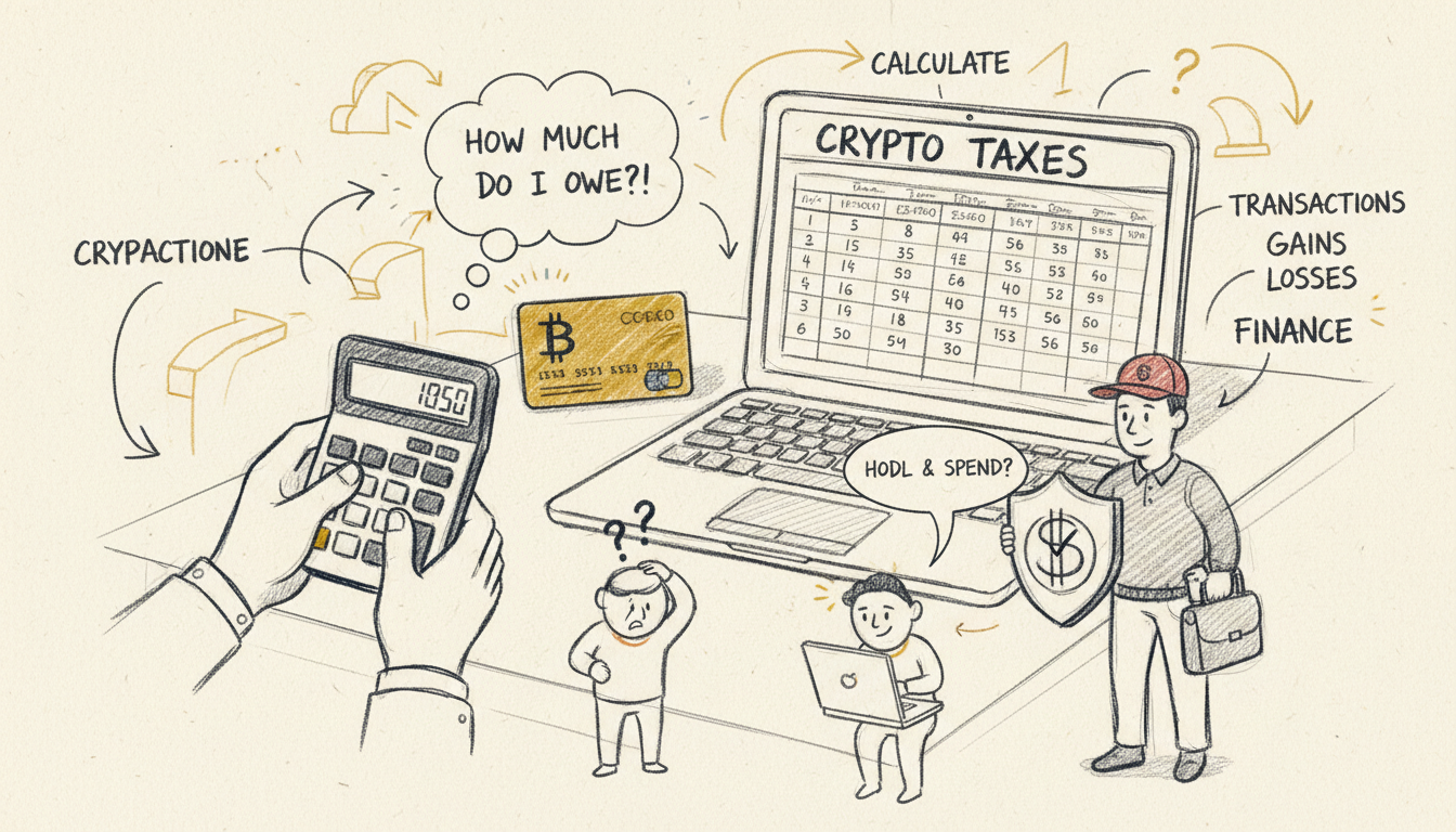 Mãos calculando impostos com calculadora e planilha no notebook, com um cartão cripto sobre a mesa
