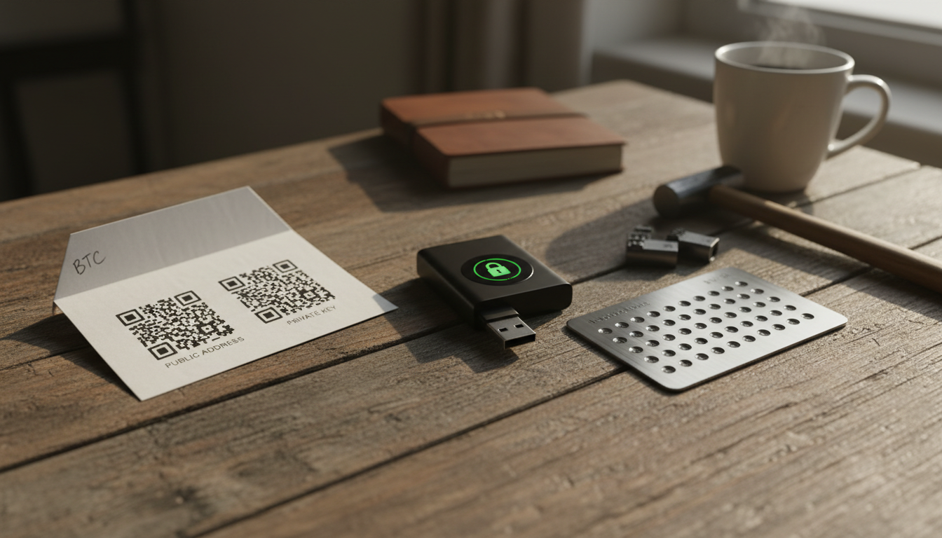 Una hardware wallet tipo USB, un papel doblado y una placa de acero sobre un escritorio de madera.