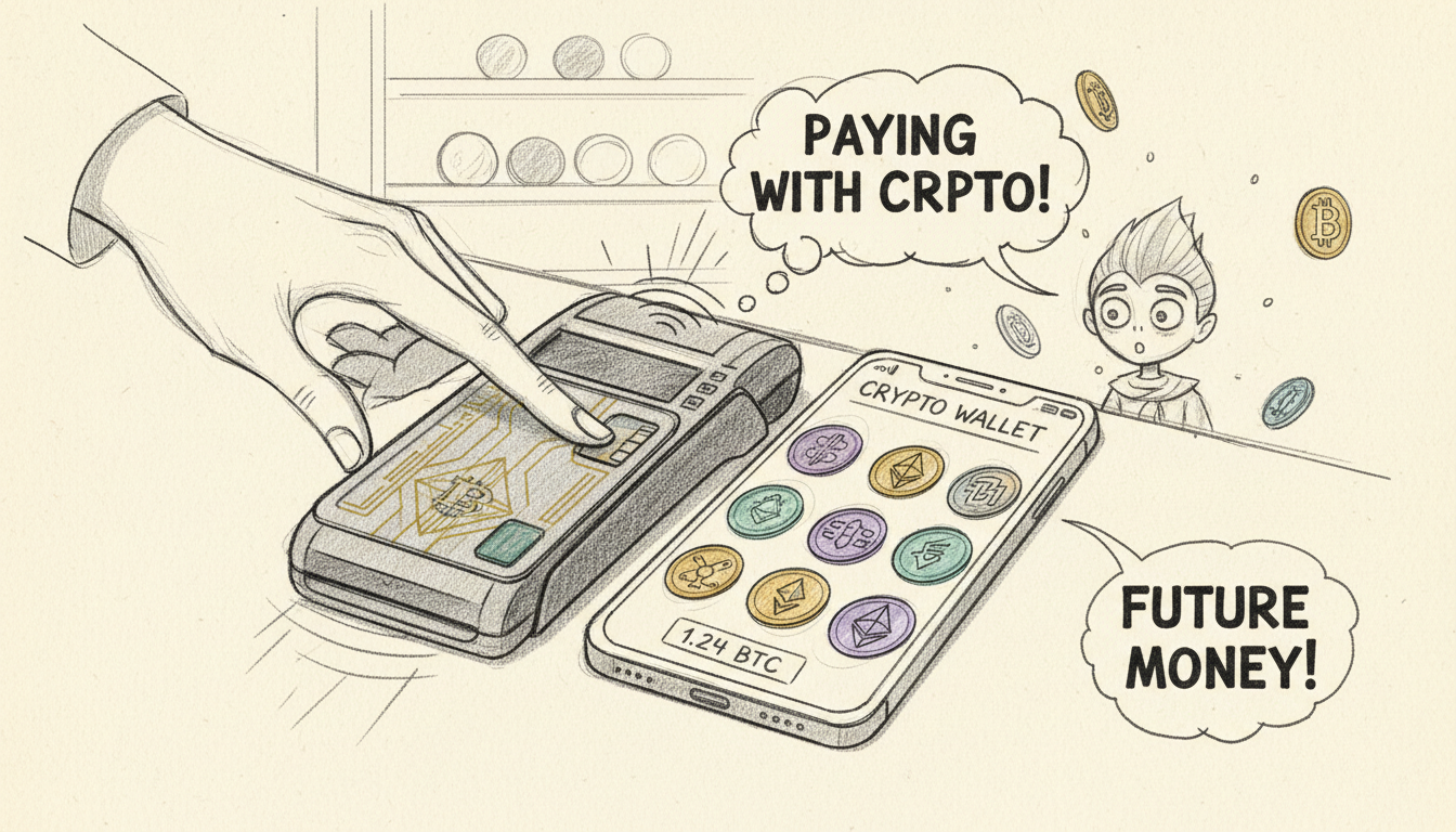 Mano que acerca una tarjeta de débito cripto a un lector sin contacto junto a un teléfono con logos de monedas
