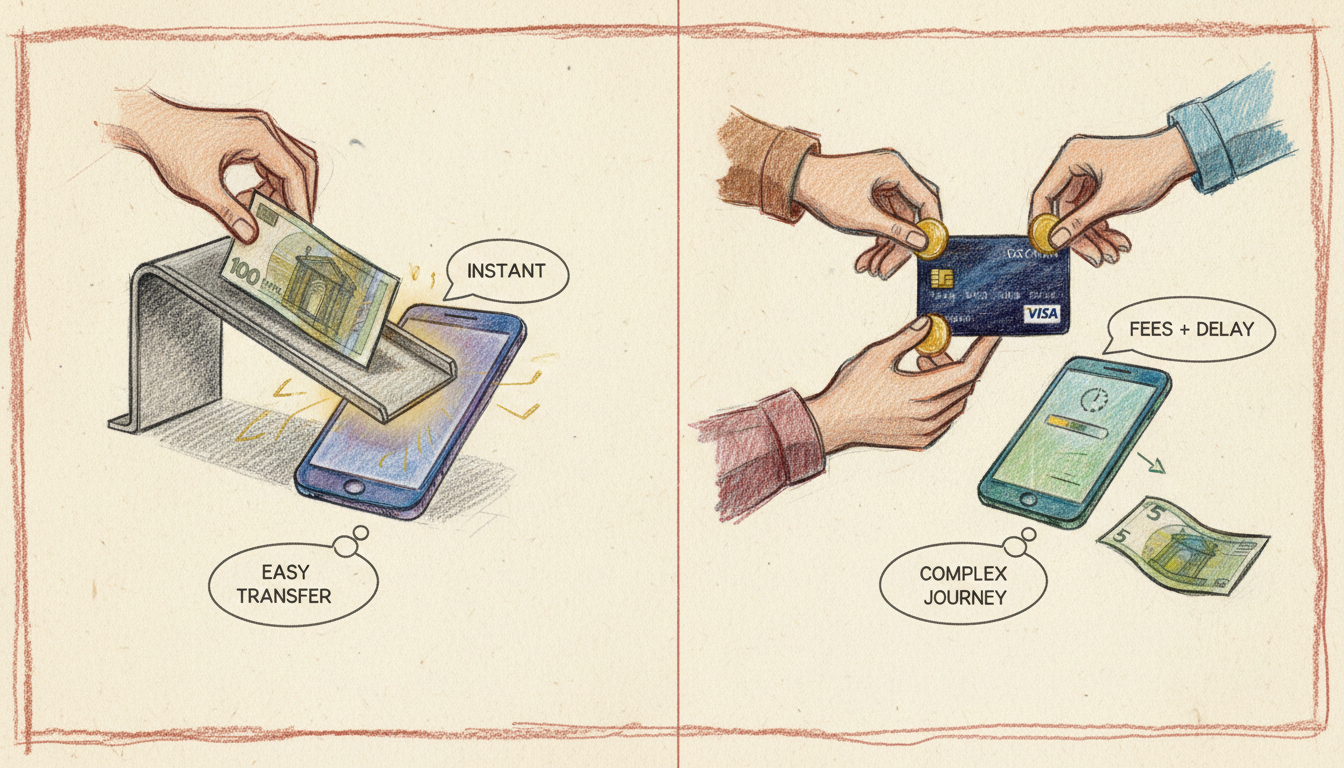 Un billete entra directo en un teléfono mientras una tarjeta de crédito pierde monedas en tres manos antes de llegar al teléfono