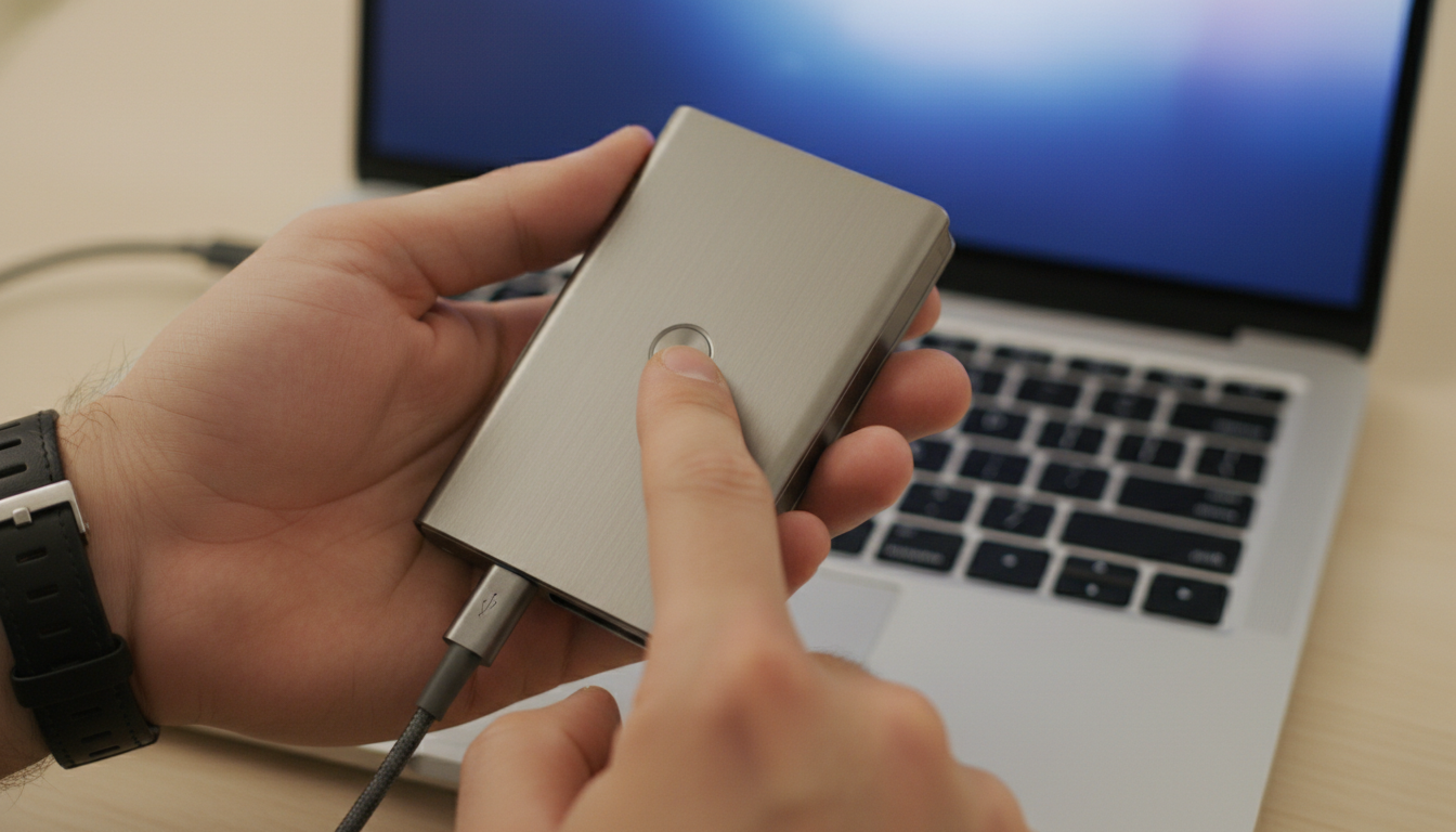 Mano que conecta una hardware wallet a una laptop con un cable USB.
