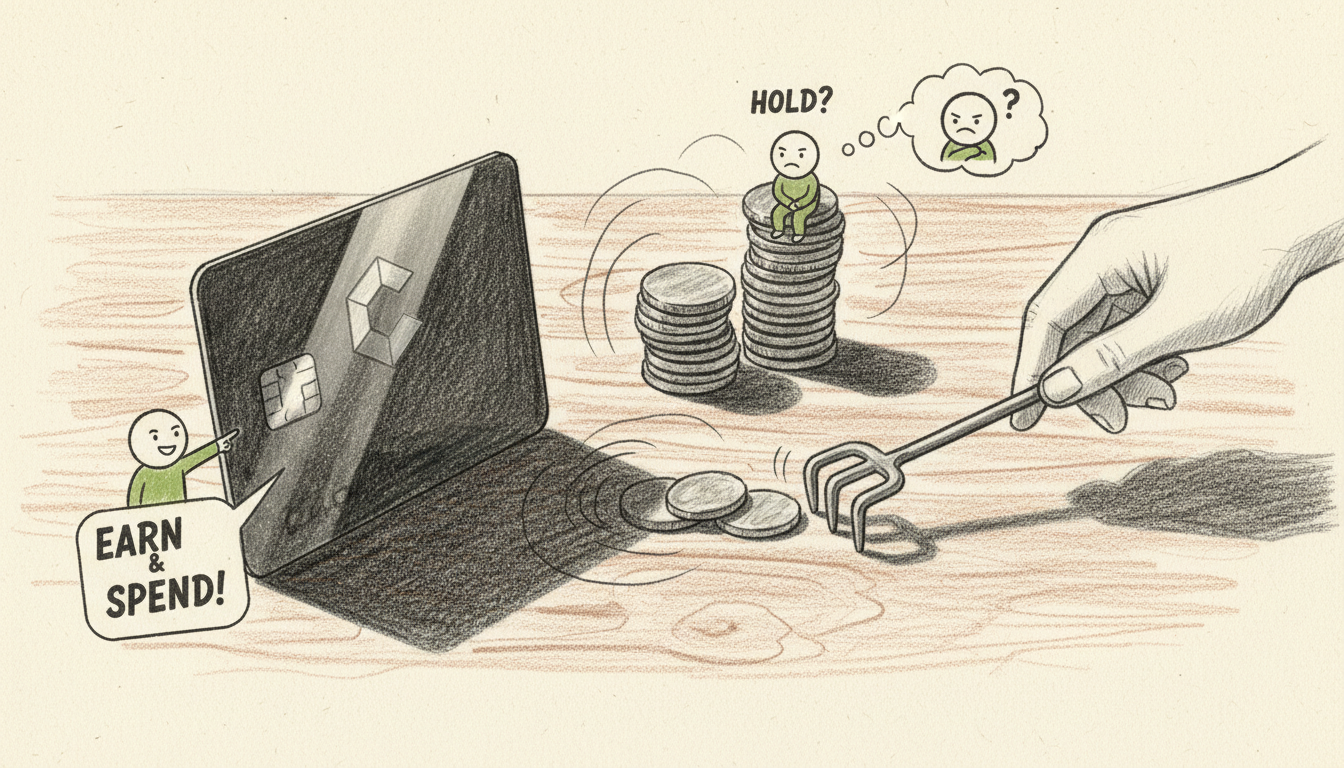 Mano que aparta monedas de una pila junto a una tarjeta cripto sobre una mesa