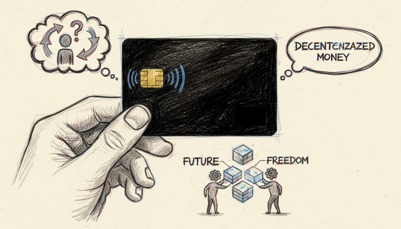 Mão segurando um cartão cripto preto com chip e o canto inferior direito vazio