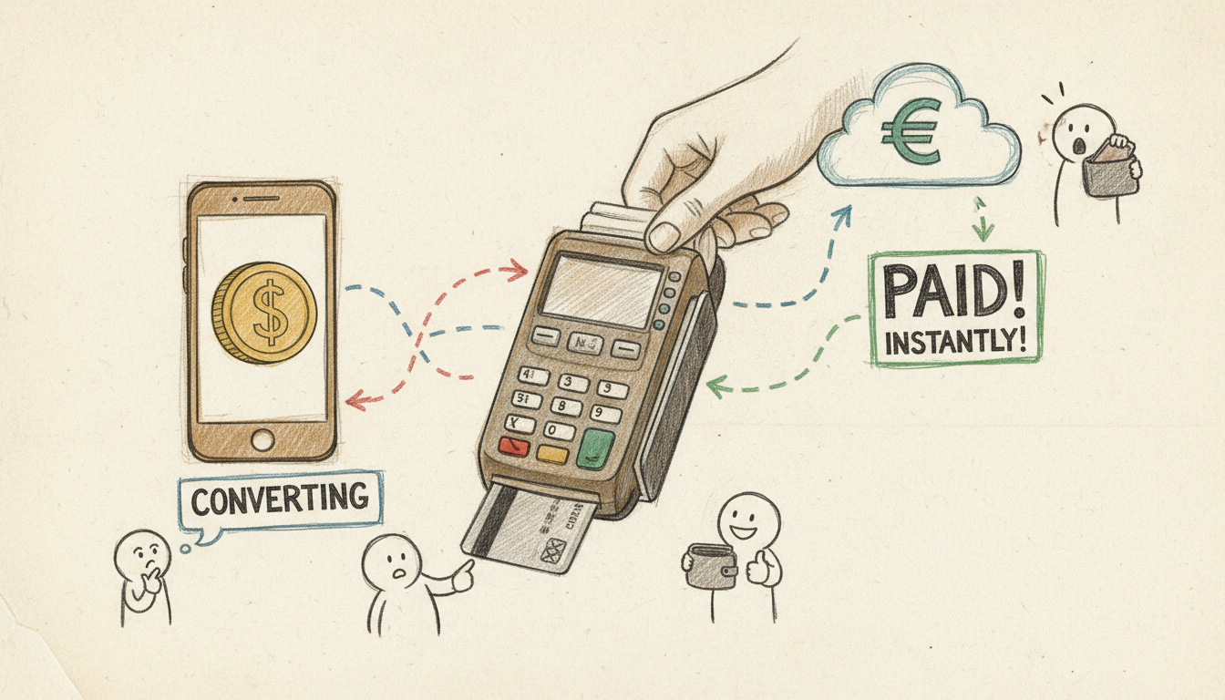 Mano que inserta una tarjeta en una terminal, smartphone con el símbolo de una moneda, icono de nube y flechas punteadas que muestran el flujo de conversión.